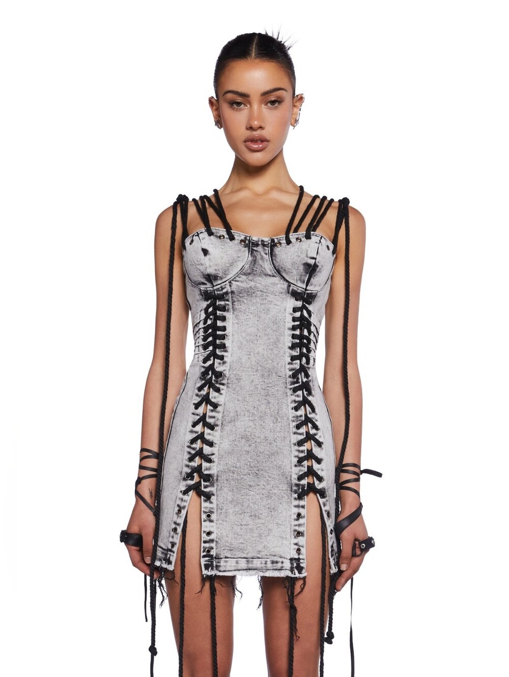Darker Wavs Dolls Kill Charged Lace-Up Denim Dress Acid Wash Small Bustier Bra